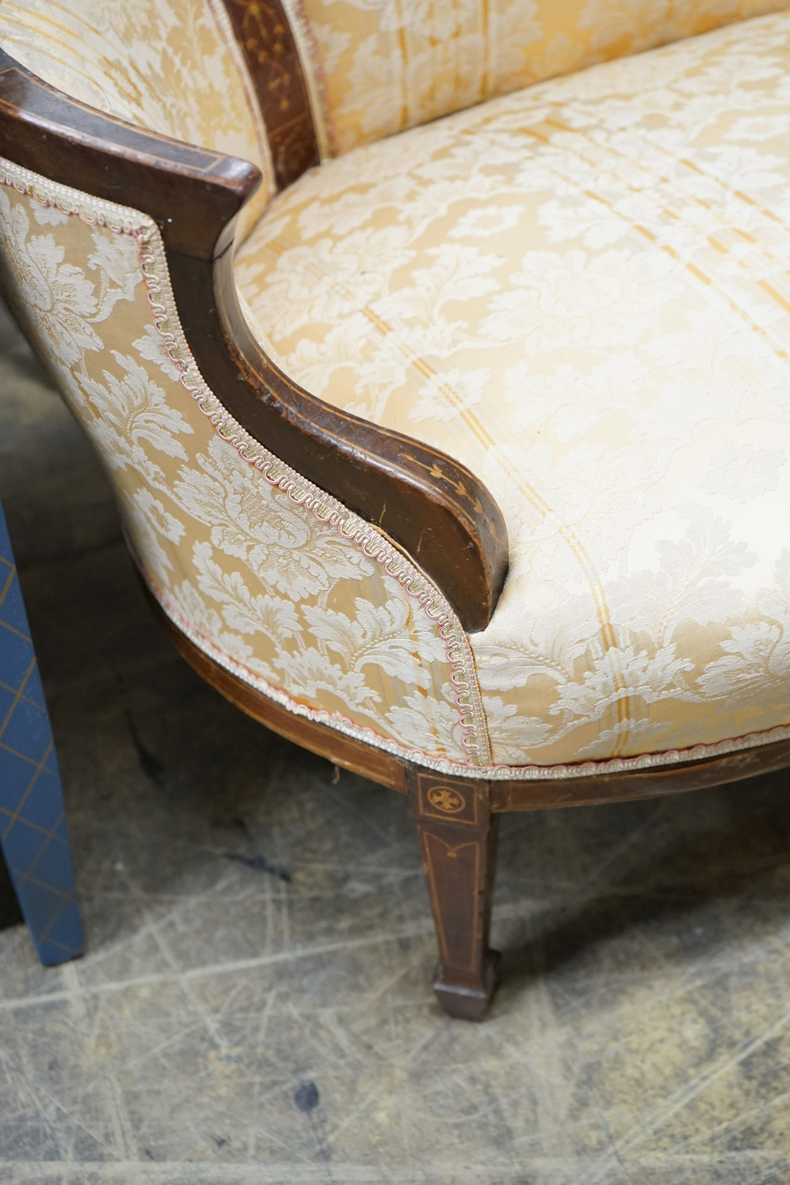 An Edwardian inlaid tub framed settee, length 150cm, depth 60cm, height 66cm